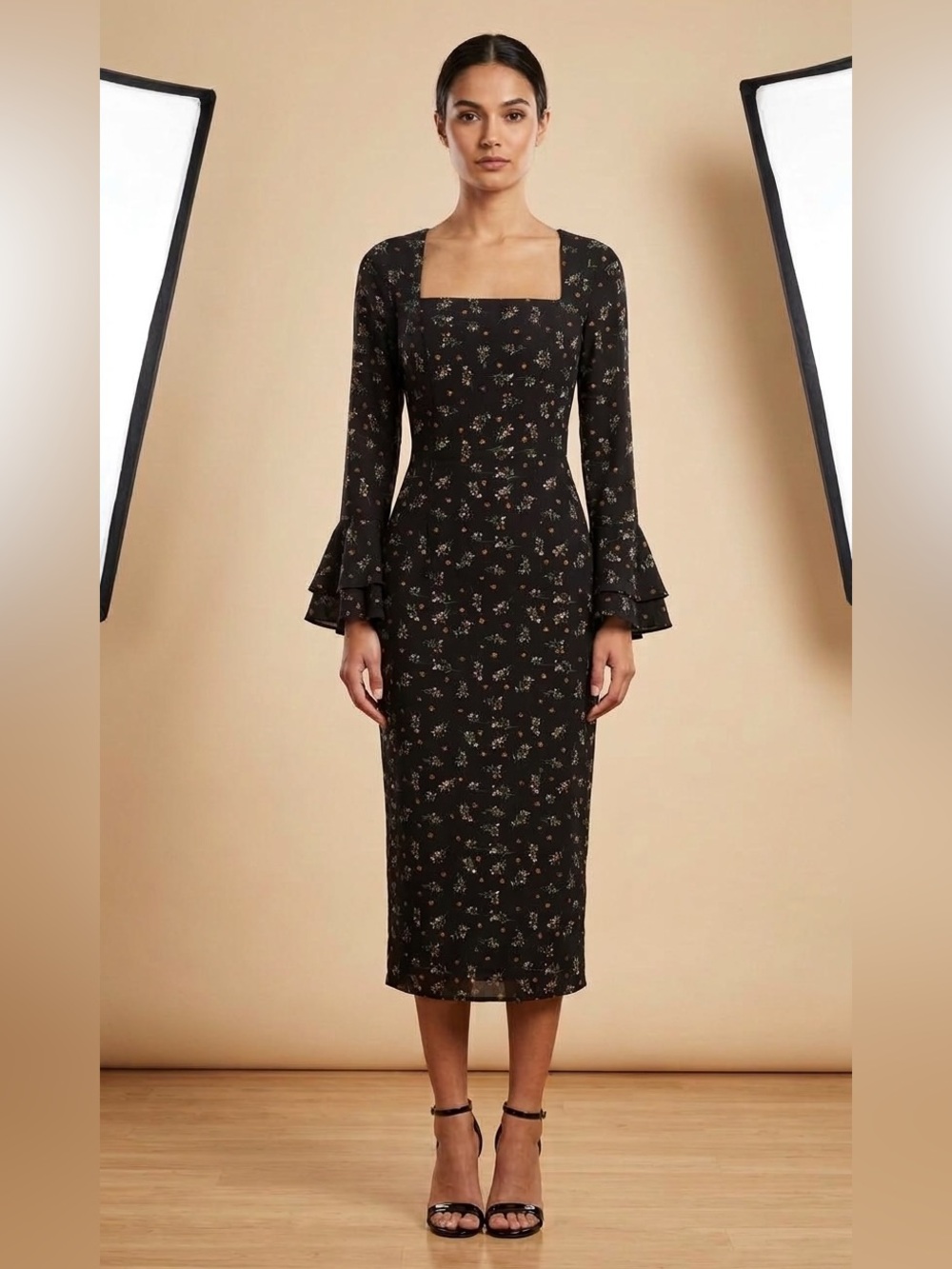 🌷 SHEIN Black Floral Long Sleeve Dress with Fluted Cuffs #64